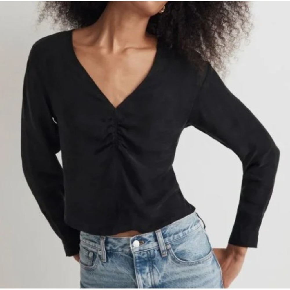 Madewell Ruched Front V-Neck Long Sleeve Top Black Cupro‎ Blend NEW Size 16